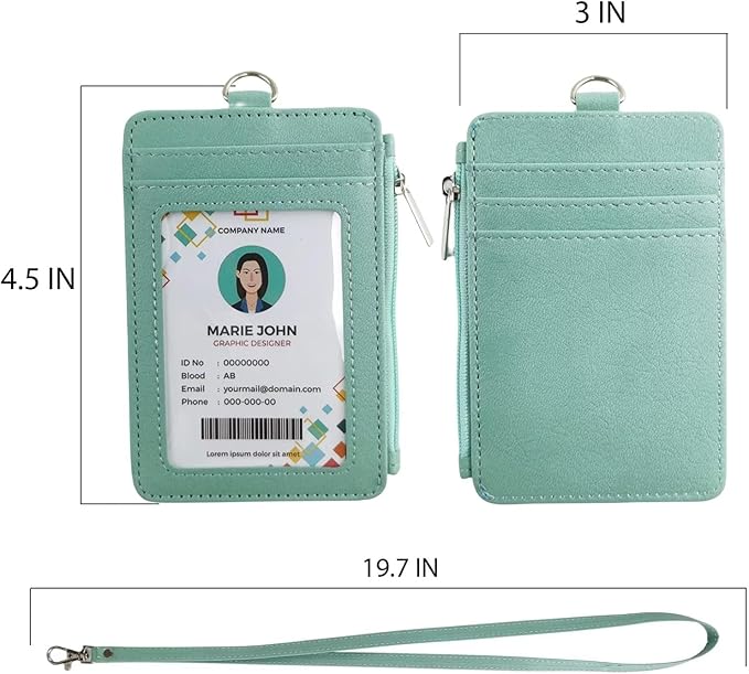 bolimoss 2-in-1 ID Badge Holder with Lanyard Wallet,Vertical ID Badge Card Holder with 1 Clear ID Window, 4 Credit Card Slots, 1 Side Zipper Pouch, Detachable Wristlet & Neck Lanyard (Green)
