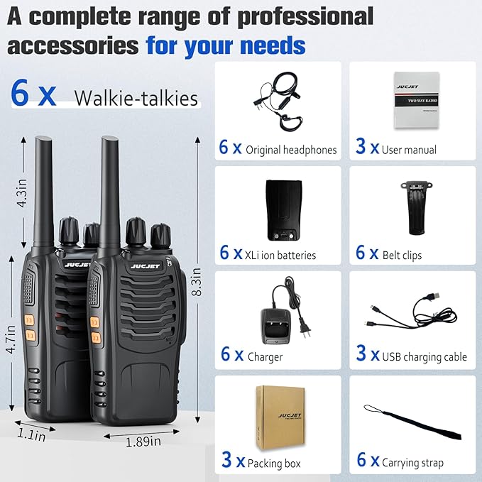Walkie Talkies 16 Channel Two Way Radio with Original Earpieces, 2-Way Radios UHF Handheld Transceiver Walky Talky, with 2-in-1 Type-C Charging Cable & Charging Station（2 Pack）