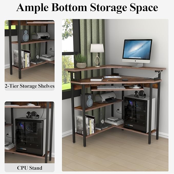 Auromie Corner Desk with Charging Station & LED Light, Triangle Corner Desk with Monitor Stand & Keyboard Tray for Small Space, Gaming Computer Desk with Storage Shelves for Home Office (Rustic)