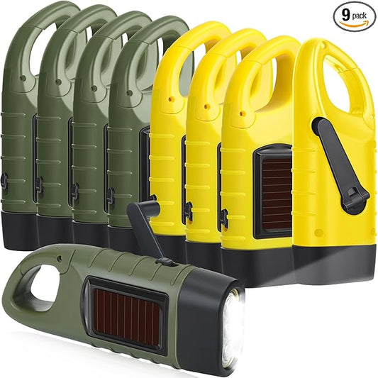 Leelosp 9 Pieces Hand Crank Flashlight Solar Powered Flashlight for Emergencies Dynamo Rechargeable LED Survival Light for Outdoor Sports Hiking Camping (Green,Yellow)