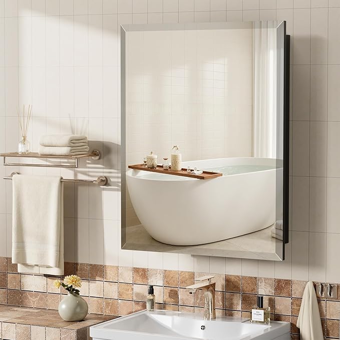 20" x 26" Metal Framed Medicine Cabinet, Bathroom Medicine Cabinet with Mirror, Adjustable Shelves, Tempered Glass Design, Recessed Mirrored Medicine Cabinets for Storage,Black