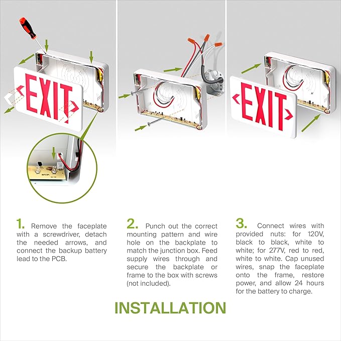 ASD LED Exit Sign with Battery Backup - UL 120/277V Double Face Emergency Exit Light for Business, Office Commercial Hardwired Damp Location Power Outage Lights, Red