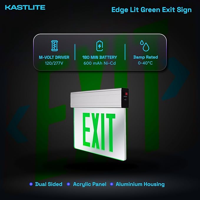 KastLite LED Emergency Edge-Lit Exit Sign, 180 Min Backup, Damp Rated, Green Letters, UL Listed, 120/277V, Acrylic Panel - 4 Pack