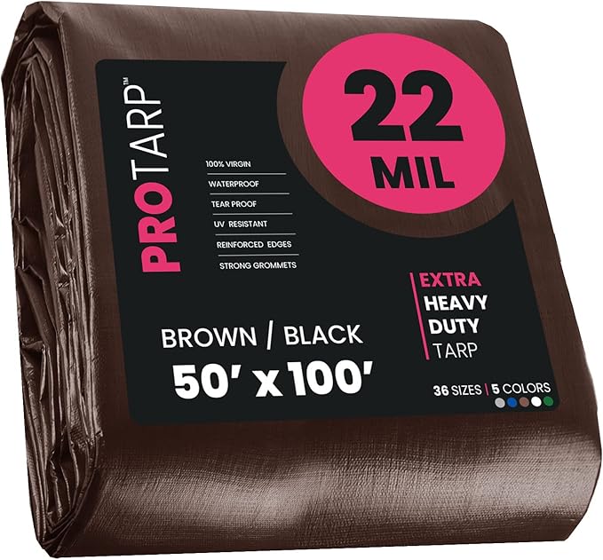 PROTARP Extreme Heavy Duty 22 Mil Tarp Cover, Waterproof, UV Resistant, Rip and Tear Proof, Poly Tarpaulin with Reinforced Edges for Roof, Camping, Patio, Pool, Boat. (Brown/Black 50′ X 100′)