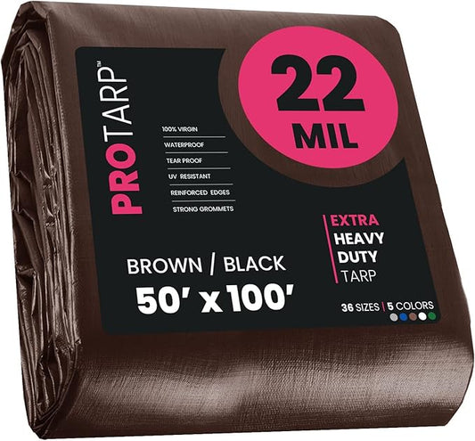PROTARP Extreme Heavy Duty 22 Mil Tarp Cover, Waterproof, UV Resistant, Rip and Tear Proof, Poly Tarpaulin with Reinforced Edges for Roof, Camping, Patio, Pool, Boat. (Brown/Black 50′ X 100′)