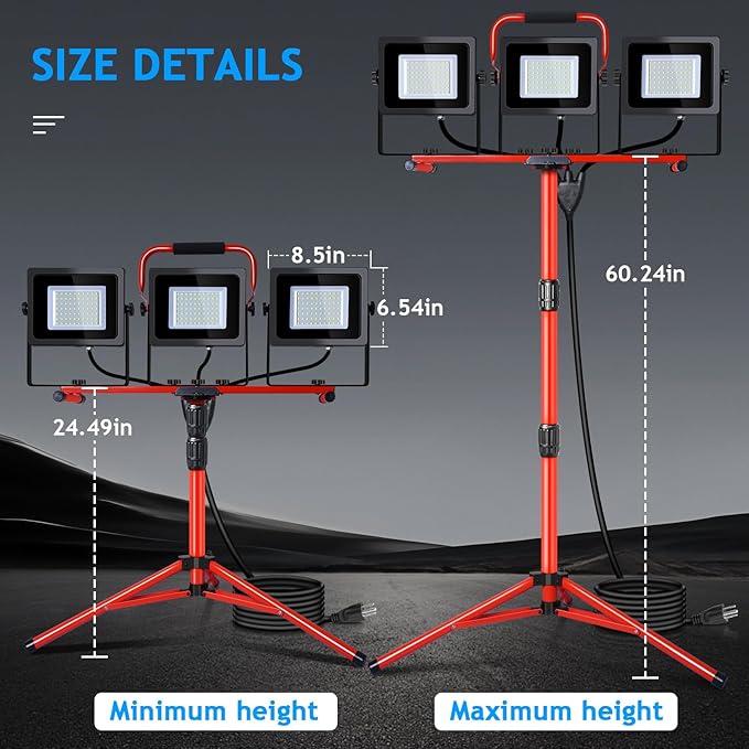 Juyace 14000Lm LED Work Light with Stand 150W 5000K Dual Head Lamp with Independent Switch Portable Construction Flood Outdoor IP65 Waterproof for Garage Workshop Backyard