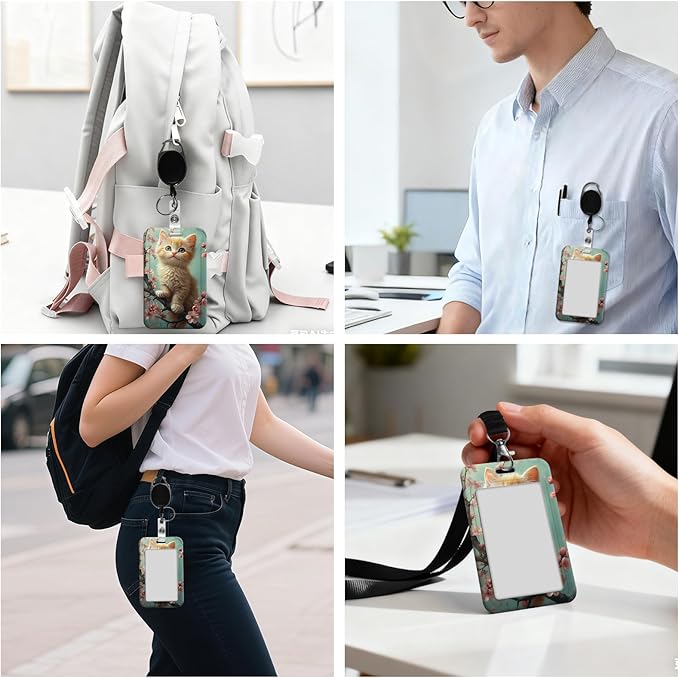 ID Badge Holder with Retractable Lanyard for Women & Men,Vertical ID Card Holder Wallet,Clear Window&Card Slot,Detachable Neck Strap for Nurse Teacher Office,Cherry Blossom Cat