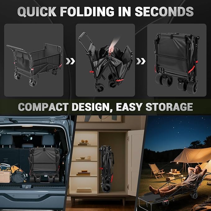 LEVELEVE Heavy Duty Folding Wagon - 2-in-1 Collapsible Cart, 650lb Capacity, All-Terrain Wheels w/Brakes & Side Pockets