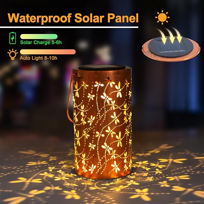 YISITEONE Dragonfly Outdoor Solar Lanterns, Garden Waterproof Metal Hanging Decor Lights for Patio Yard Pathway Lawn Front Porch, Birthday Gardening Gifts for Women Mom Grandma