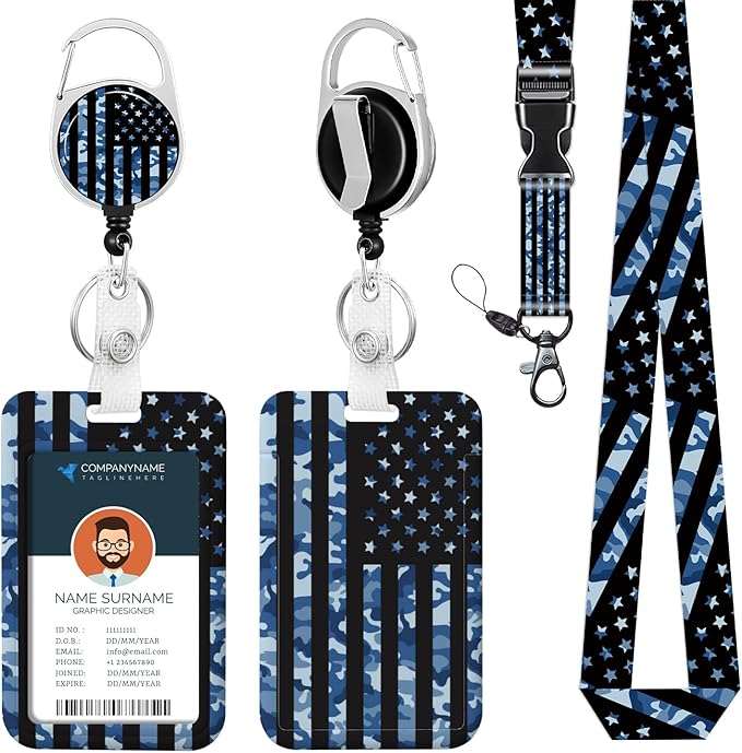 Army Camo Lanyard for Keys - USA Flag Patriotic ID Badge Holder with Retractable Reel