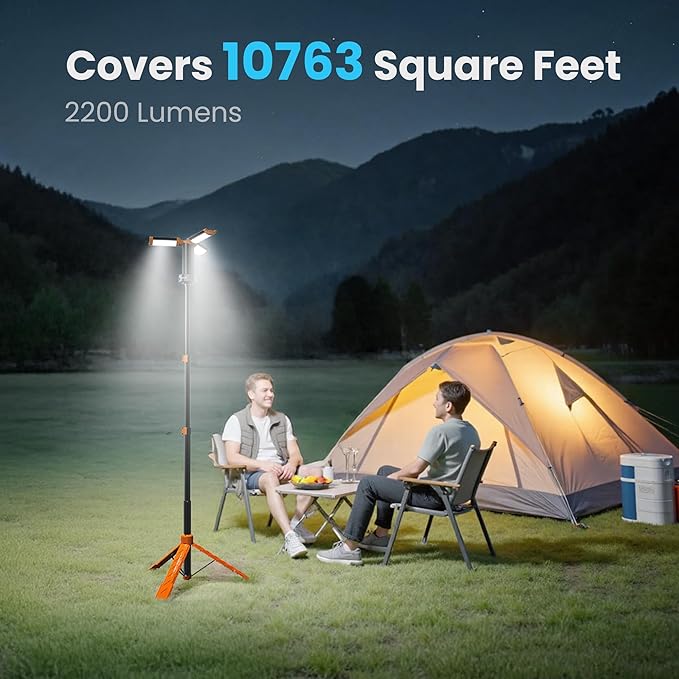 CAVN Rechargeable Camping Lights with Remote & Detachable Tripod Max Height 6.7 ft, Portable Work Light with 3 LED Lamp Heads, Camping Essentials Gear Emergency Flashlight with Hook, Orange