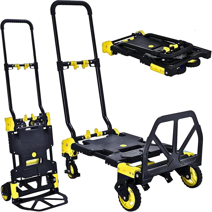 2-in-1 Folding Hand Truck Dolly 330LB Load Carrying, Hand Truck Foldable Dolly with Retractable Handle and 4 Rubber Wheels, Portable Folding Hand Cart for Moving/Travel/Office (Yellow)