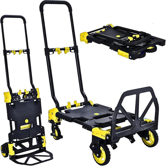 2-in-1 Folding Hand Truck Dolly 330LB Load Carrying, Hand Truck Foldable Dolly with Retractable Handle and 4 Rubber Wheels, Portable Folding Hand Cart for Moving/Travel/Office (Yellow)