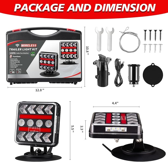 USB-C Wireless Trailer Lights Kit with Reverse, IP67 Waterproof Magnetic LED Tow Light for Towing, Tail, Brake, Turn Signal for Car, Boat, Camper, RV (B-Type)