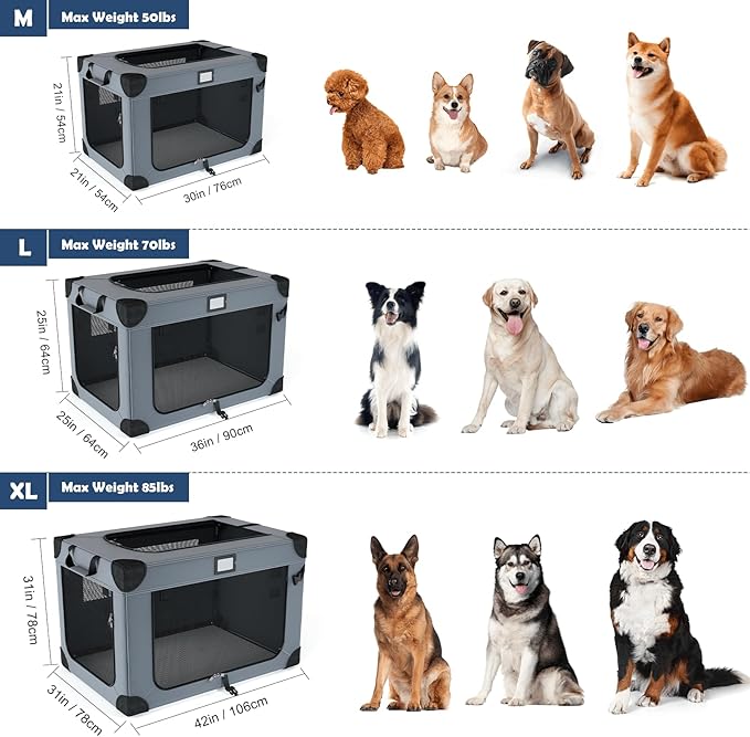 36 Inch Soft Dog Crates, Portable Travel Crate for Large Dogs, 3-Door Foldable Soft Kennel with Mesh Windows for Indoor & Outdoor Travel, with Blanket and a Foldable Bowl