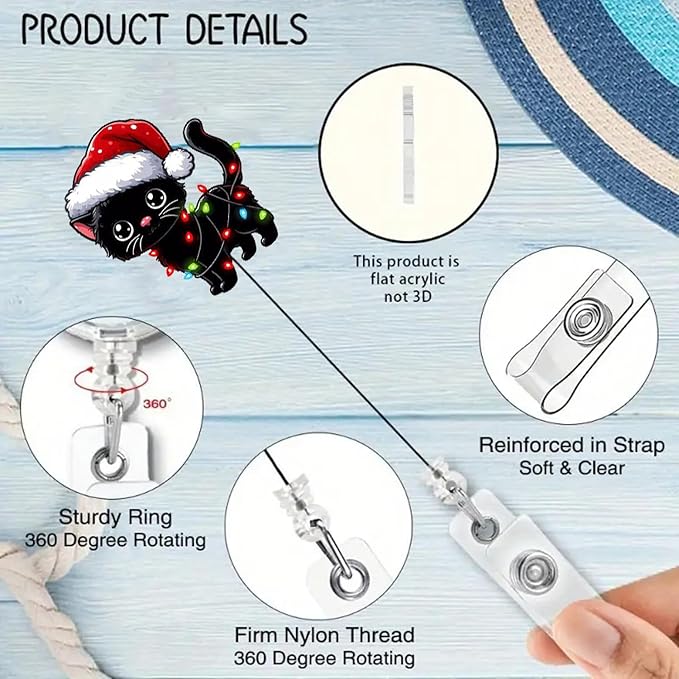 Christmas Cute Colored Lights Cat Badge Reel, Holiday Retractable Name Tag Badge Holder,Xmas Nurse Nursing Badge Clip for RN CNA LPN Medical Worker ID Card Decor |with Acrylic Alligator Clip
