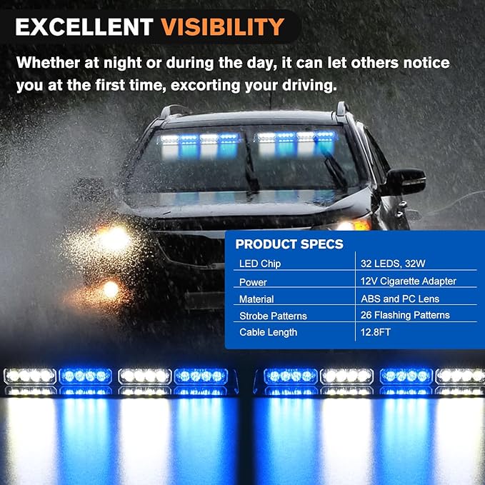 Nilight 32LED Blue White Emergency Dash Strobe Lights with Controller Suction Cups Warning Hazard Interior Front/Rear Windshield Deck Split Light Bar for Truck Construction Vehicle