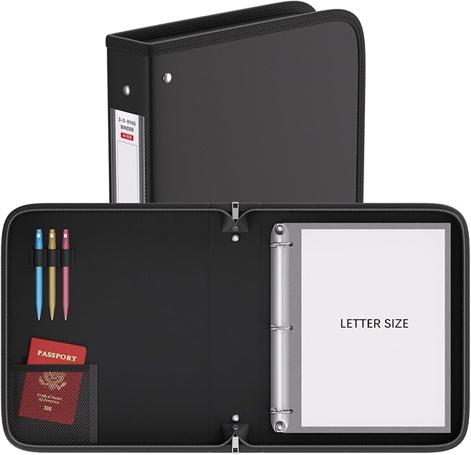 Fireproof 3 Ring Binder with Zipper, 1.5 Inch D Rings Hold up 375 Sheets of 8.5" x 11" (A4), Compatible with Clear Page Protectors, Built-in net and Pen Holder (2 Pcs, Black, 1.5")