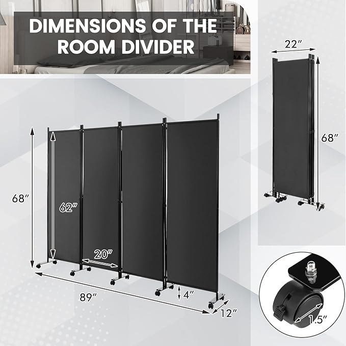 Giantex 4 Panel Room Divider, Folding Privacy Screen with Lockable Wheels, Rolling Partition Room Dividers, Freestanding Fabric Wall Divider for Home Office Studio Separation, 89''W x 68''H, Gray