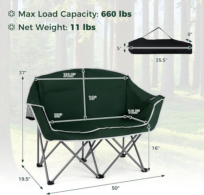 Tangkula 2 Person Camping Chair, Portable Oversized Outdoor Folding Camp Chair Loveseat with Padded Seat, Cup Holder, Carry Bag, Heavy Duty Lawn Chair for Beach, Fishing, Travel (2-Person,Green)