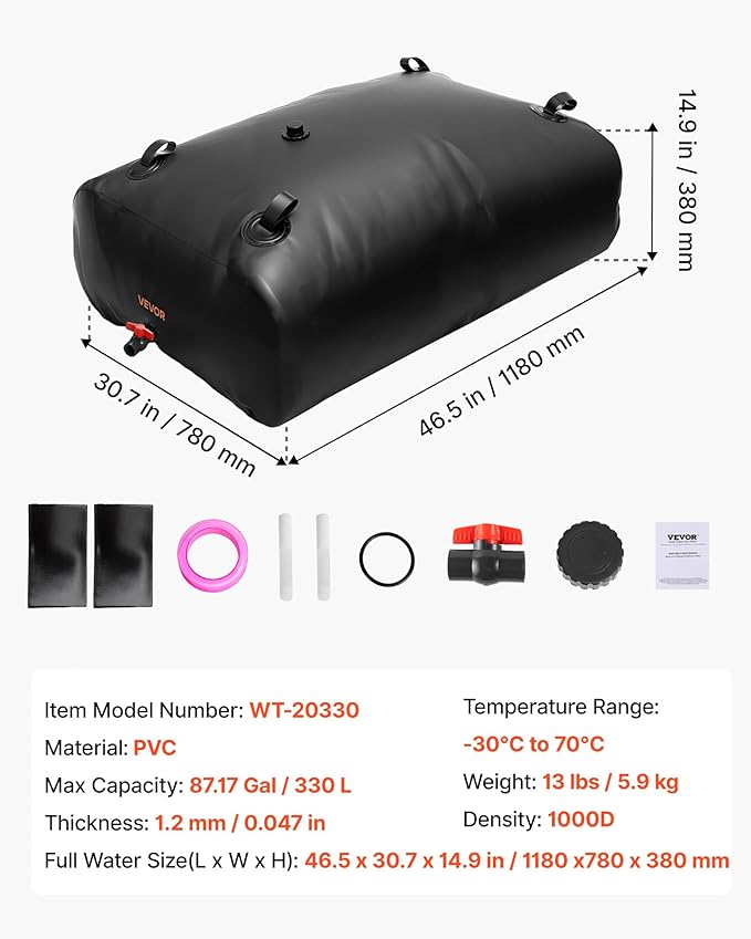 VEVOR Water Storage Bladder, 87 Gallon (330L) Water Storage Container Tank, 1000D PVC Large Capacity Soft Bag Bladder, Collapsible Portable for Garden Irrigation, Camping, RVs, Emergency Use - Black