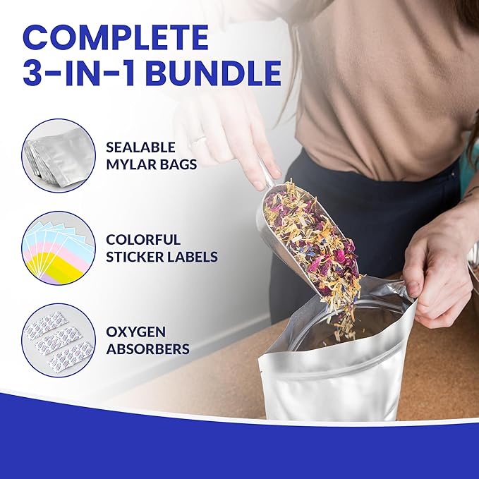 70-Pack 14 Mil Mylar Bags with Oxygen Absorbers, Gusseted 1 Gallon(10), 1 Quart(20) & 1/2 Pint(30) Bags with 500cc, 300cc & 200cc OA - Resealable Mylar Bags for Food Storage with Colourful labels