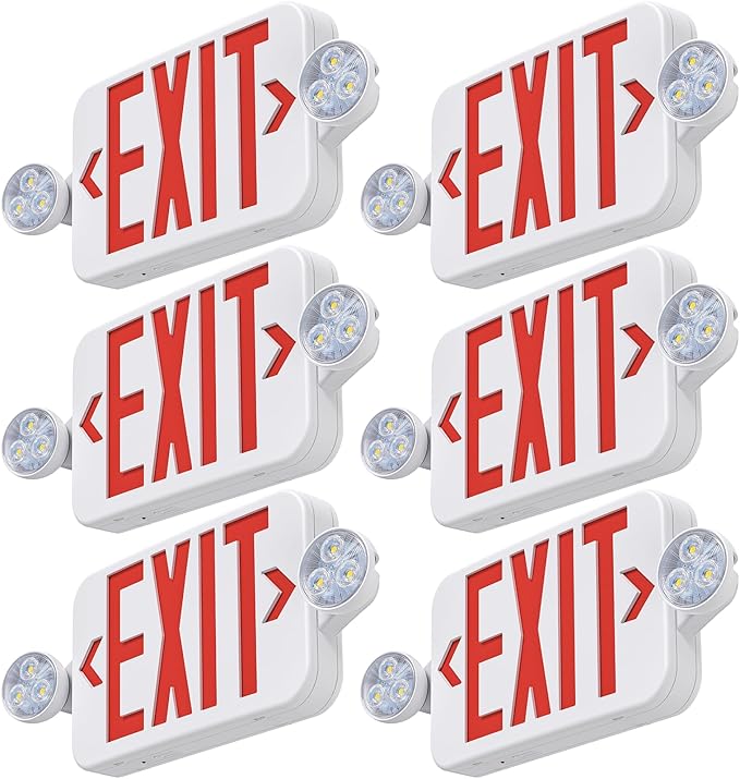 Led Exit Sign Emergency Light Combo Adjustable Two Head,Double Sided and Battery Backup Exit Light,Red Letter Hardwired Emergency Exit Sign,AC 120/277V,UL Listed,Ceiling&Wall Mount (6 Pack)