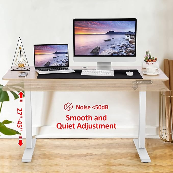 Electric Standing Desk Adjustable Height, 55'' x 24'' Stand up Desk with Outlets and 2 USB Ports,4 Caster, 27''-46'' Lifting Range, Spacious Computer Workstation for Home Office(Oak)