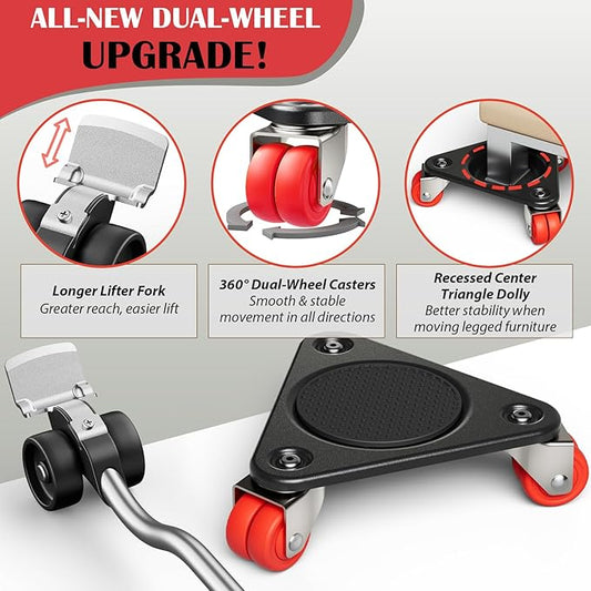 ONEON Furniture Mover Ultra Triangle with 6 Wheels – All-New Upgraded Heavy Item Moving Tool Double-Wheeled Tri-Dolly with Auxiliary Lifter, Full Carbon Steel Panels, Supports up to 1320 lbs