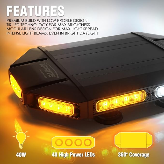 Xprite 18" White & Amber LED Emergency Rooftop Strobe Light Bar, Magnetic-Mounted Strobe Lights for Trucks, High-Intensity Warning Beacon for Tow, Construction, Snowplow, Patrol Vehicles