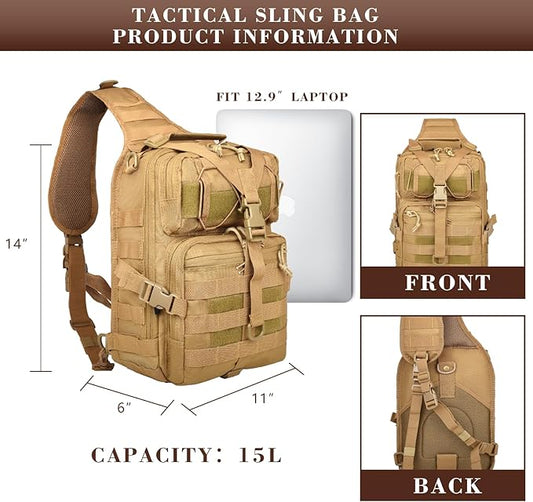 15L Compact Tactical Sling Bag, Military Shoulder Sling Pack for Men's EDC, Molle Assault Range Bag Crossbody Chest Pack for Outdoor Adventures (07-Khaki)