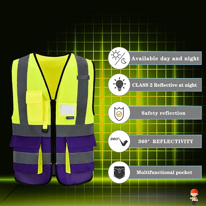 A-SAFETY Yellow purple reflective Working Vest with Zipper Pockets