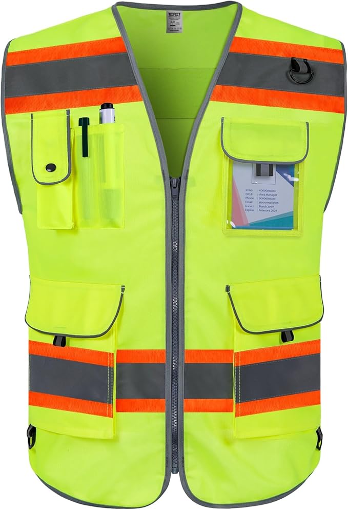 TCCFCCT High Visibility Vest 9 Pockets Reflective Safety Vest for Men Women, Hi Vis Construction Work Vest with Orange Extend Edge for Surveyors, Durable to Use, Meets ANSI/ISEA, (DB-Yellow, X-Large)