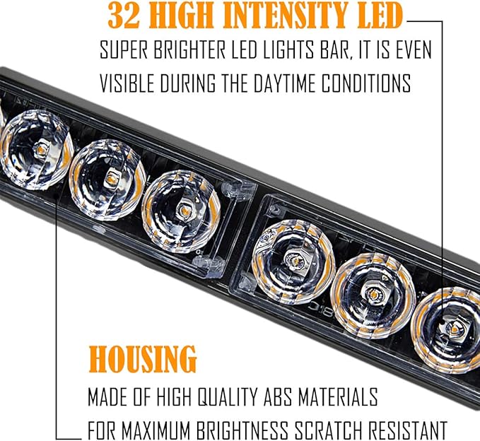 LE-JX 2×16.8 inch Emergency Strobe Light Bar Traffic Advisor Warning Hazard Windshield Safety Lights Bar 21 Flash Patterns with Cigar Lighter for Police Vehicles, Truck (Amber/White, 2 in 1)
