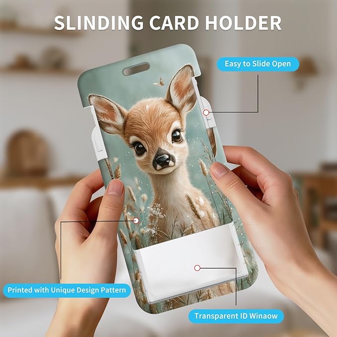 ID Badge Holder with Retractable Lanyard for Women & Men,Vertical ID Card Holder Wallet,Clear Window&Card Slot,Detachable Neck Strap for Nurse Teacher Office,Deer Butterfly Cute