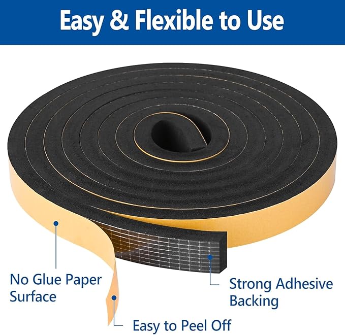 Kikerike Self Adhesive Foam Tape Weatherstrip 1/2In x 1/4In x 16.5Ft High Density Foam Insulation Strips Seal Weather Stripping with Strong Adhesive for Door and Window Sound Isolation Soundproofing