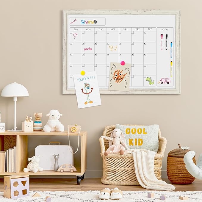 4 THOUGHT Whiteboard Calendar 24" x 18" Magnetic Dry Erase Board Wood Frame Wall-Mounted Monthly Planner White Board Decorative Notice Board for Office School Home, White Vintage