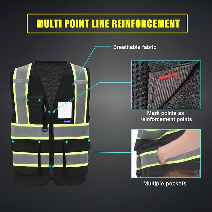AYKRM Security Vest for Men Women 7 Pockets High Visibility Reflective Safety Vest Front Zipper Meets ANSI/ISEA