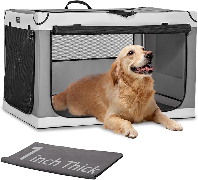 PETSFIT PETSFIT 36" Soft Foldable Dog Crate – Patented Adjustable Sturdy Frame, Collapsible Portable Travel Kennel for Medium & Large Dogs, 3 Lockable Mesh Door, Thicken Mat, Indoor & Car, Light Grey
