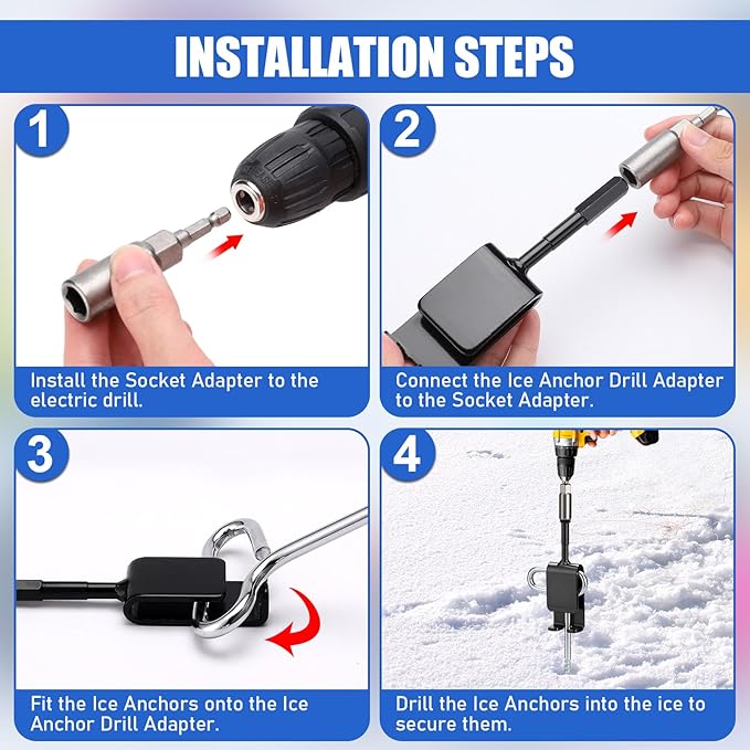 TOBWOLF Ice Anchor Tool Kit, Premium Ice Fishing Anchor Tool with Socket Adapter, Ice Fishing Tent Stakes, Drill Adapter, Rope Tensioners, Ideal for Ice Fishing Enthusiasts to Set Up Shelter Tent