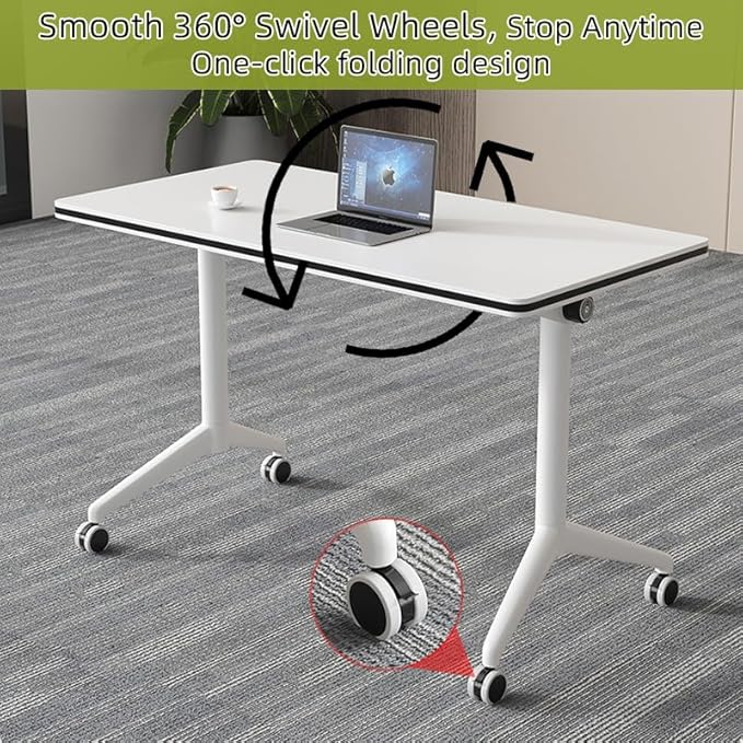 Conference Table, Folding Conference Room Tables with Flip-Top Design, Mobile Rectangular Modular Tables for Office Meetings and Training Sessions (White, 47.2×15.7×29.5in)