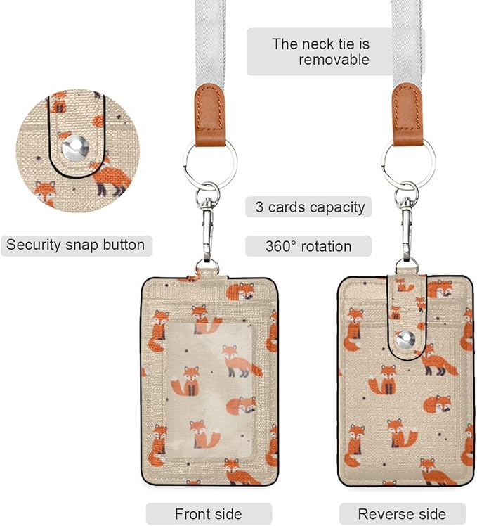Fox ID Badge Holder with Lanyard, Vertical Leather ID Badge Card Holder for Office Staff, School Teacher and Student