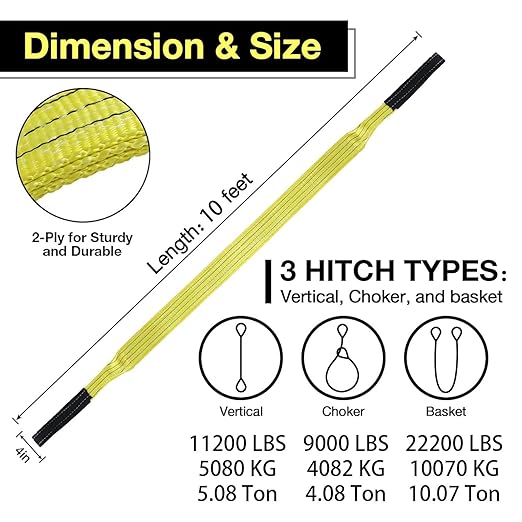 4" x10ft 2-Ply Heavy Duty Lifting Sling Straps 11200 lbs Vertical Nylon Lifting Gear Straps with Flat Eyes, Recovery Tree Saver Strap for Winch, Truck, Towing, Hoisting Off-Road Vehicles