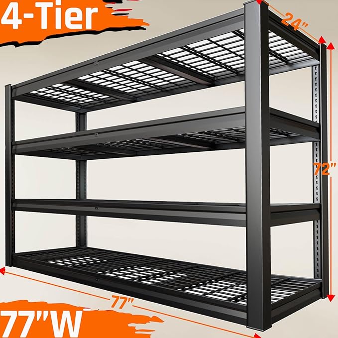 Storage Shelves, 77" W Garage Shelving Heavy Duty Metal Adjustable Garage Shelves, Shelving Units Industrial Shelving for Warehouse, 77" W x 24" D x 72" H,Black