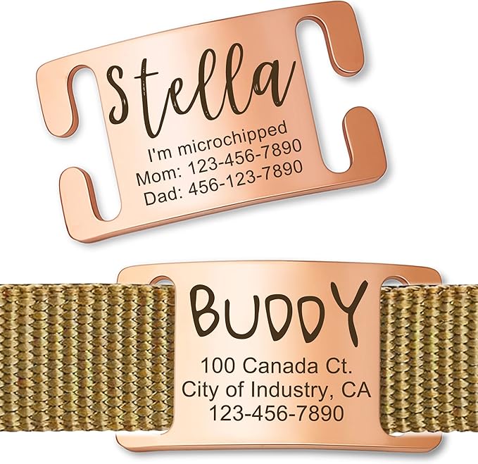 Anavia Slide On Silent Pet ID Tags, S/M/L/XL Personalized Gold Black Stainless Steel Customized Engraved Cat Dog Name Tags, Glossy Finish Chew-Proof Quiet Dog Collar Tag (Small, Rose Gold)