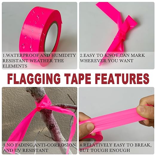 GEYYANG Fluorescent Pink Flagging Tape 6 Pack, Non-Adhesive Plastic Ribbon Tree Marking Tape, for Survey Boundaries, Hunting, Trail Marking and Hazardous Areas, 1" x 100ft,3.35 Mil