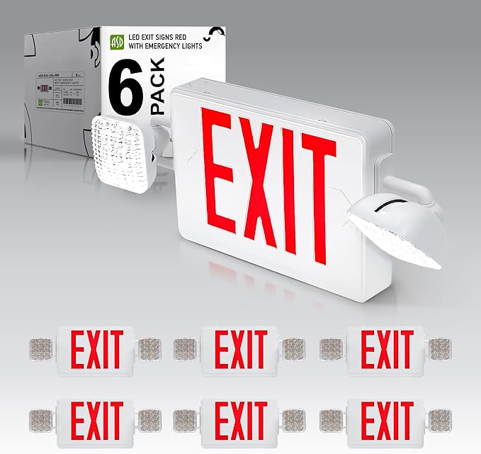 ASD LED Exit Sign with Battery Backup & Square Rotatable Heads - 120-277V UL 2.2W Double Face Emergency Exit Light for Business, Commercial Damp Location Power Outage Lights, Red, 6 Pack