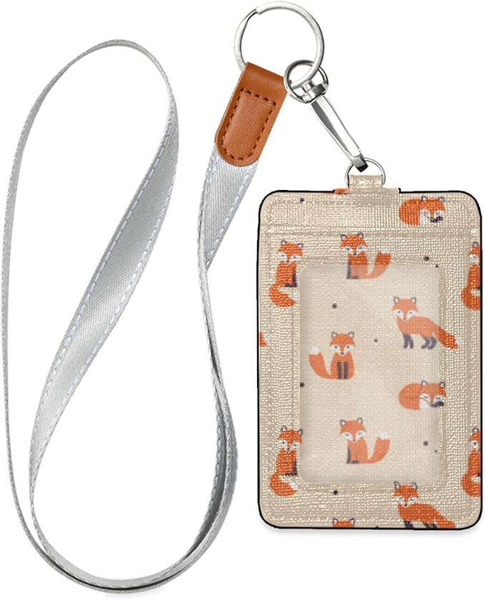 Fox ID Badge Holder with Lanyard, Vertical Leather ID Badge Card Holder for Office Staff, School Teacher and Student