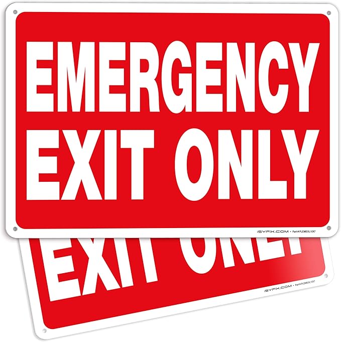 iSYFIX Emergency Exit Only Sign – 2 Pack 10x7 Inch – 40 mil Thick Polystyrene Plastic Sign, Laminated UV, Scratch & Fade Resistance, Waterproof, Indoor & Outdoor, Exit Signs for Exterior.