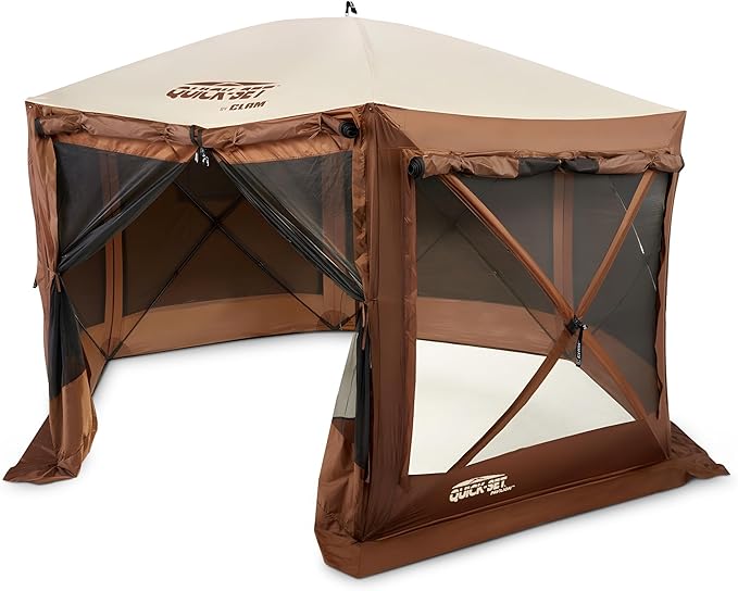 CLAM Pop Up Screen Tent, Large Outdoor Camping Gazebo Canopy, Pavilion, 12.5', Brown - Foldable and Portable Screened Shelter with Netting for Beach, Patio, and Backyard